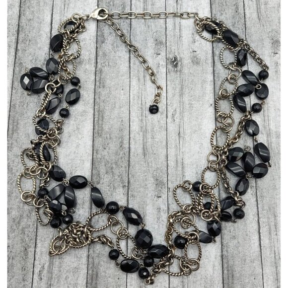 Silver Tone & Black Bead Twisted Multi Chain Statement Necklace Layer Adjustable - Picture 9 of 10